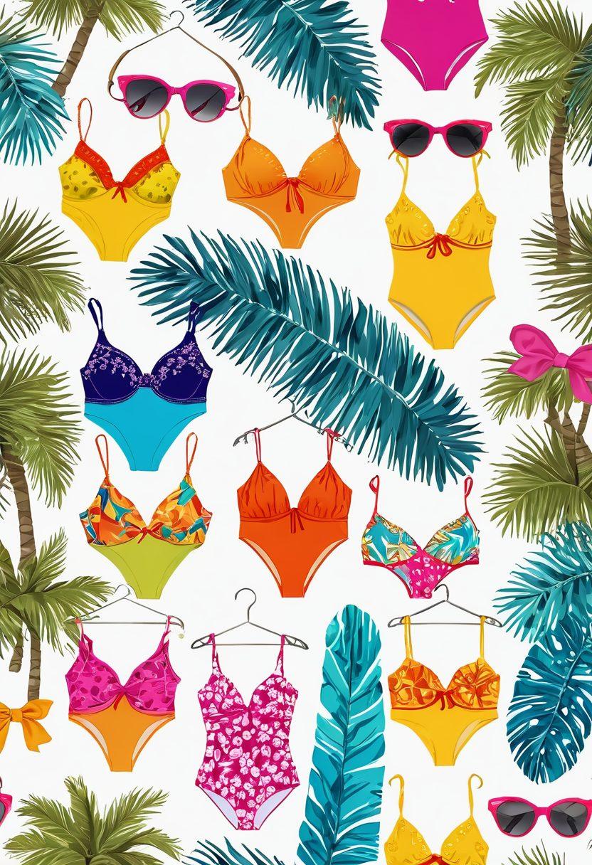A vibrant beach scene featuring stylish swimwear displayed on colorful hangers amidst tropical palm trees and sparkling ocean waves. Include a sun-soaked sandy beach with people enjoying the sun, along with eye-catching discount tags floating in the air around the swimwear. The overall mood is cheerful and inviting, emphasizing relaxation and summer fun. hyper-realistic. vibrant colors. white background.